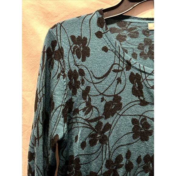 Garnet Hill Merino Wool Cardigan Sweater Women’s Medium Teal Floral Fairy Light - Picture 2 of 13